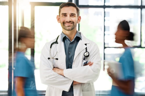 Preview: Doctor, hospital and medical insurance with stethoscope and healthcare worker happy about career ch