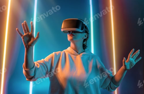 Preview: Woman with VR virtual reality goggles