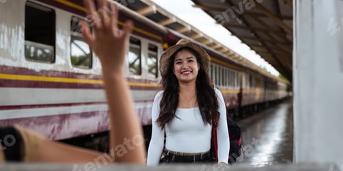 Preview: female tourist go on a traveling meet friend trip walking with luggage at train station. concept