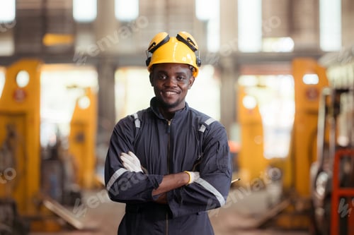 Preview: Portrait of railway technician in uniform and safety helmet working on train repair station