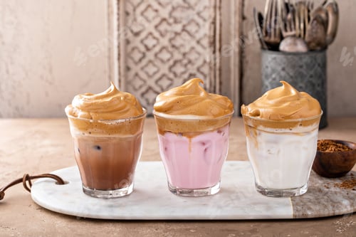 Preview: Variety of dalgona whipped coffee drinks with chocolate and strawberry milk