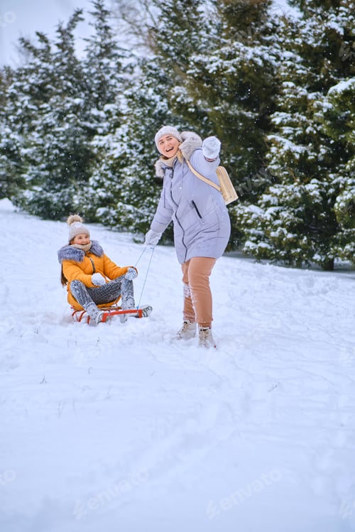 Preview: Happy mother pulling sledge with kid girl on snowy park road