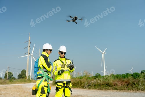Preview: Front view wind turbine or windmill workers use drone to work in workplace field during day time