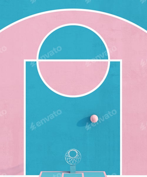 Preview: Aerial view abstract pastel pink blue color basketball court with hoop and ball minimalistic