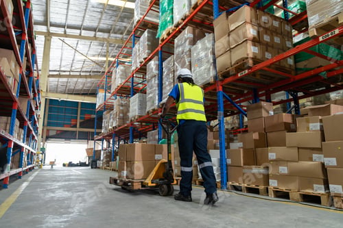 Preview: African American man worker using pallet truck for move cardboard boxes in warehouse factory.