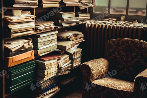 Preview: Old armchair near shelves with heap of papers