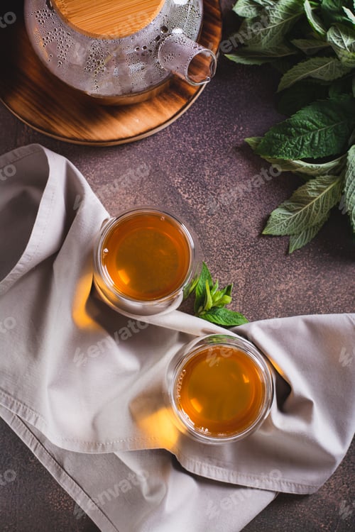Preview: Calming green mint tea in cups and teapot on the table top and vertical view