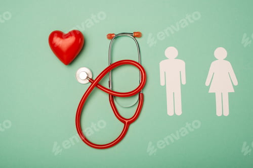 Preview: Top view of stethoscope, decorative heart with male and female symbols on green background, world