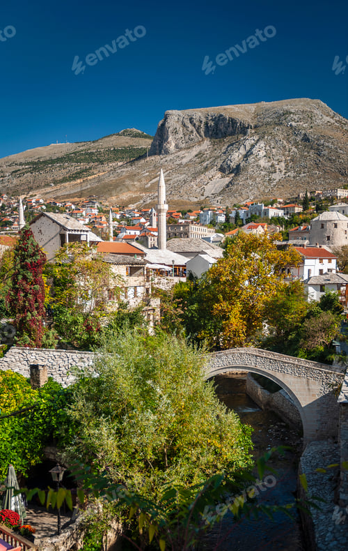 Preview: old town houses and mosque view in mostar bosnia