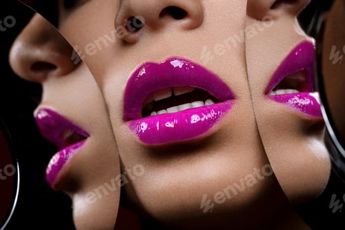 Preview: beautiful woman lips closeup with mirror reflections
