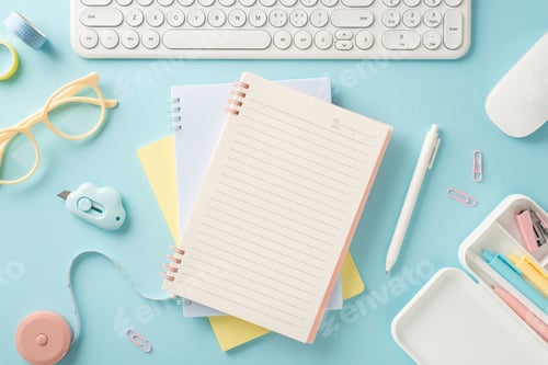 Preview: Top view photo of distant education workplace featuring planner with blank page