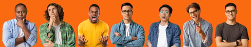 Preview: Handsome charismatic millennial guys grimacing and gesturing over orange