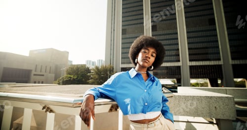 Preview: Portrait, fashion and black woman in city, attitude and travel with buildings, urban town or edgy.