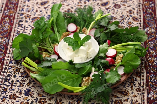 Preview: sabzi khordan, assortment of fresh herbs and raw vegetables salad, iranian cuisine