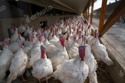 Preview: Flock of white turkeys in a cage on a farm