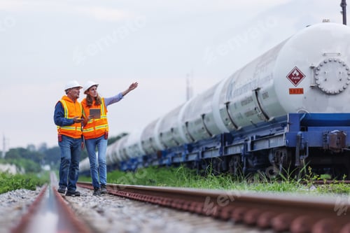 Preview: Two railway workers in orange safety vests and helmets stand beside a freight train.