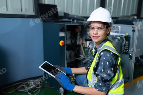 Preview: Female Technician Inspecting and repairing robotics arm in robots hangar and test the operation