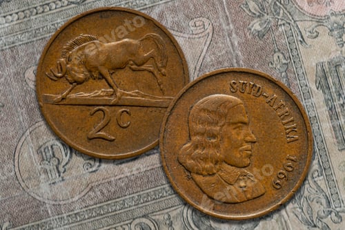Preview: South African rand coin obverse and reverse. Currency of the Republic of South Africa