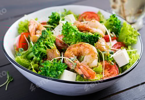 Preview: Delicious fresh salad with shrimps / prawns, broccoli, feta cheese, tomatoes