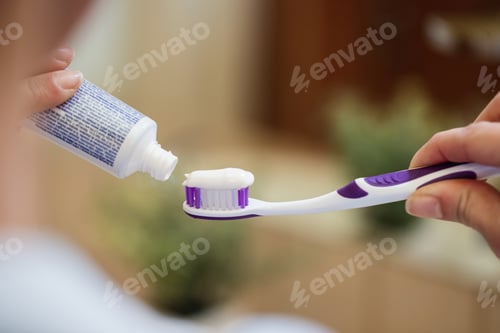 Preview: Close-up of woman applying toothpaste on a toothbrush.