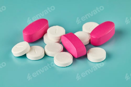 Preview: Closeup shot of medicine white tablets and pink caplets on the cyan background