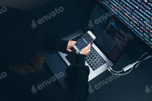 Preview: Cyber security threat. Young woman using computer and coding. Internet and network security. Hacker