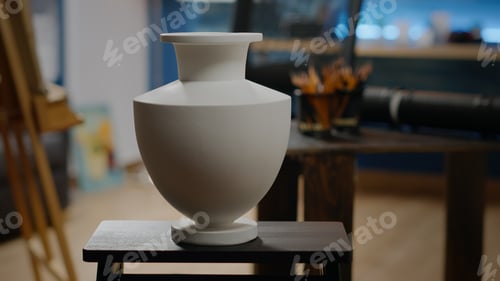 Preview: Close up of white vase on table in artwork studio at home