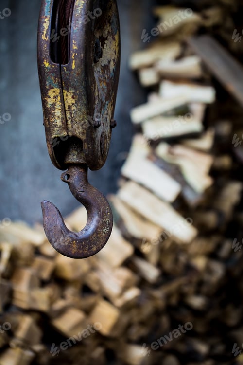 Preview: Rusty Hook and Cut Wood Pieces