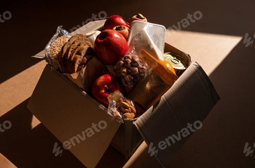 Preview: Healthy food delivery flat lay harsh shadows Take away natural products Donation box online shopping