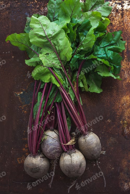 Preview: Bunch of fresh garden beetroot over grunge rusty metal backdrop, top view.