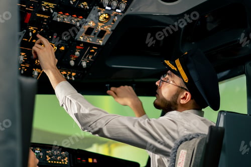 Preview: Airplane cabin The pilot checks the electronics by pressing the buttons Preparing passenger liner