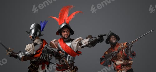 Preview: Isolated on grey background conquistadors with flintlock guns
