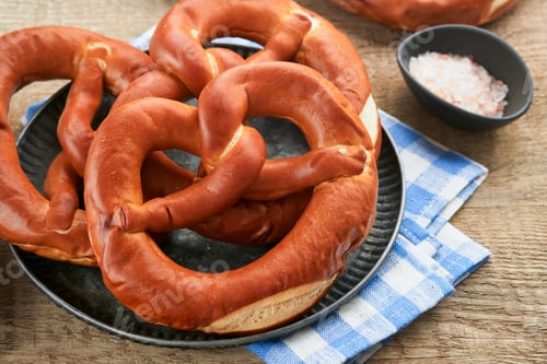 Preview: Oktoberfest concept card. Traditional Bavarian pretzels with beer bottle mug on old rustic wooden ba