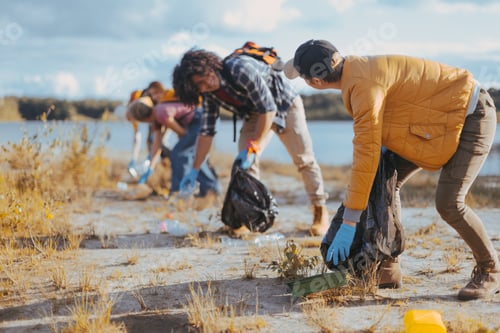 Preview: group of volunteer workers eco activists collecting garbage in a national park