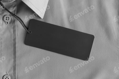 Preview: Black clothing tag mockup on a grey shirt.
