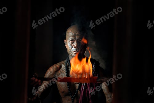 Preview: Portrait of Asian old Man with Tatooes Posing with fire infront of him for Camera in Dark Room