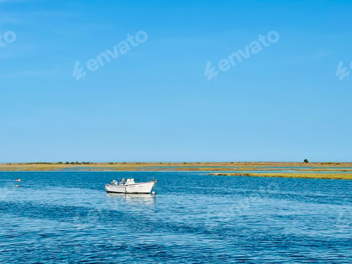 Preview: Canal de Tavira . Small boat cruising tranquil green river.