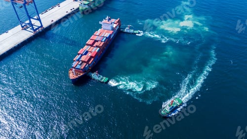 Preview: Tug boat pulling Cargo container ship go to international yard port. technology freight