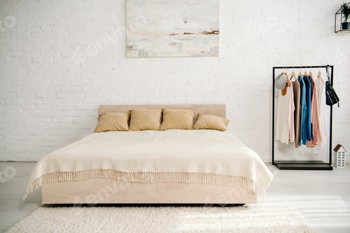 Preview: Light bedroom with big bed, carpet and straight rack