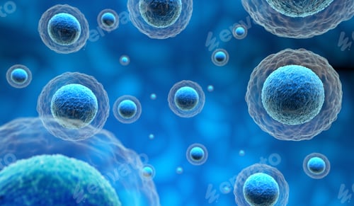 Visualização: células humanas em um fundo azul, ilustração 3D