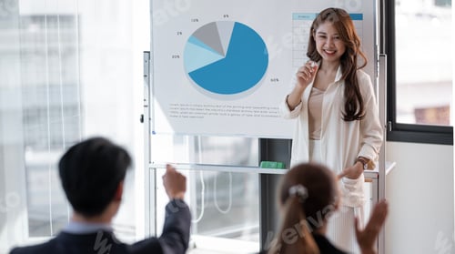 Preview: Businesswoman presenting annual reports of the successful business company in meeting room.