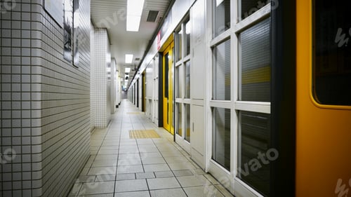 Preview: Long modern corridor inside a building with tiled floors and glass walls and tiled pattern walls