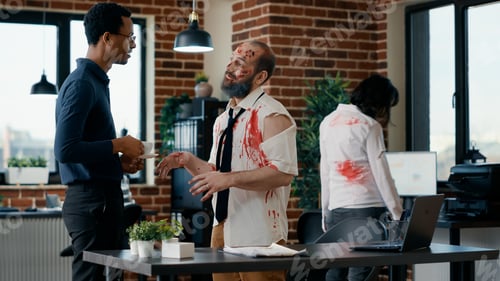 Preview: African american businessman discussing with infected brain-eating zombie colleague in office