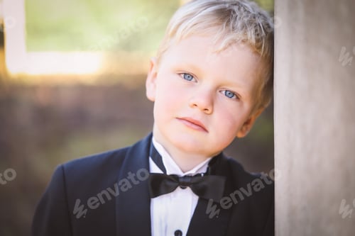 Preview: Shallow focus shot of a little blond boy with a suit and bow tie posing at the camera