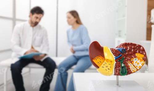 Preview: Liver doctor consults woman patient with liver disease in gastroenterology department of hospital.