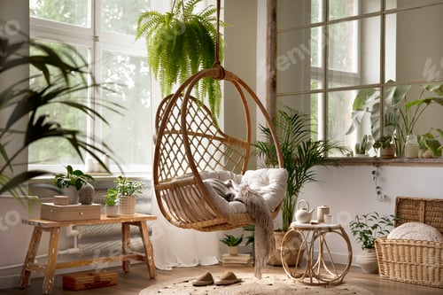 Preview: Comfortable Rattan Hanging Chair Surrounded by Indoor Plants