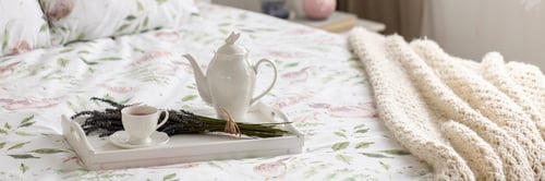 Preview: Real photo of white tray with tea cup, porcelain jug and fresh l