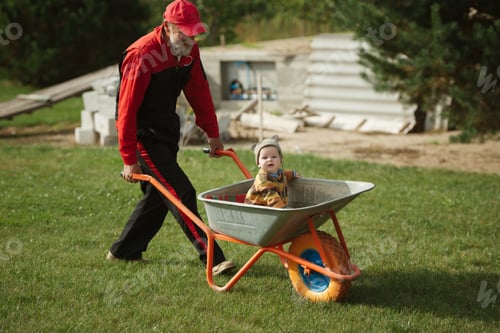 Preview: cute little boy sitting in wheelbarrow