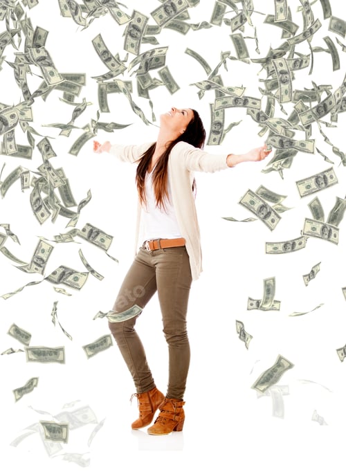 Preview: Excited Woman Under A Money Rain - Isolated Over A White Background