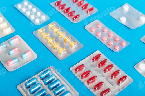 Preview: too many different pill of various blisters with different pills Medicines storage at home concept